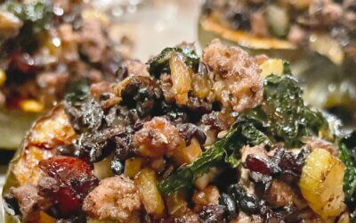 Roasted Acorn Squash with Venison Maple Breakfast Sausage & Black Rice Stuffing